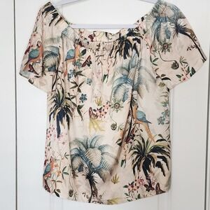 H&M Tropical Print Off Shoulder Blouse Parrot Palm Trees Bohemian Size 6